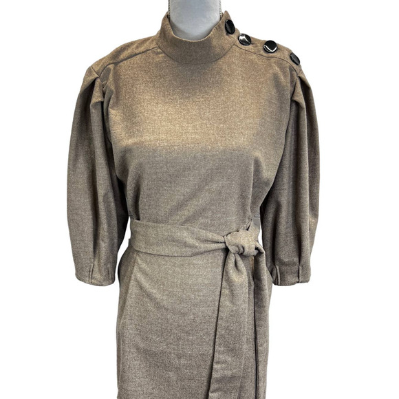 Zara Top Tan Size M Belt Tie Wool Blend Balloon Sleeve Mock Neck Buttons Blouse - Picture 4 of 11